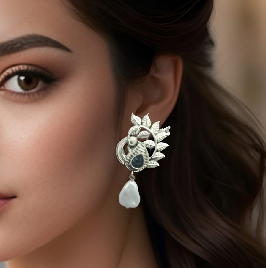 Peacock design antique pearl drop earrings