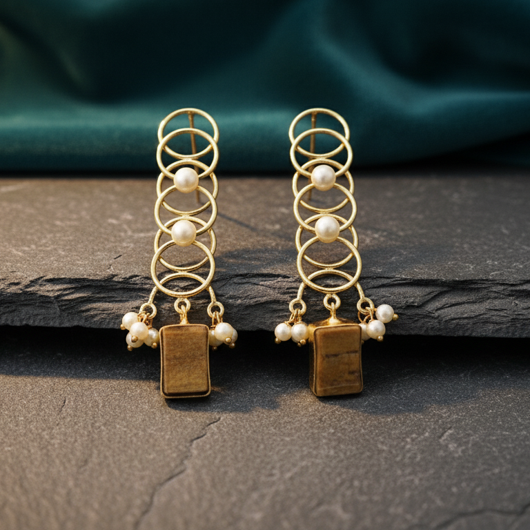 Gold earrings with pearl drops & natural stone