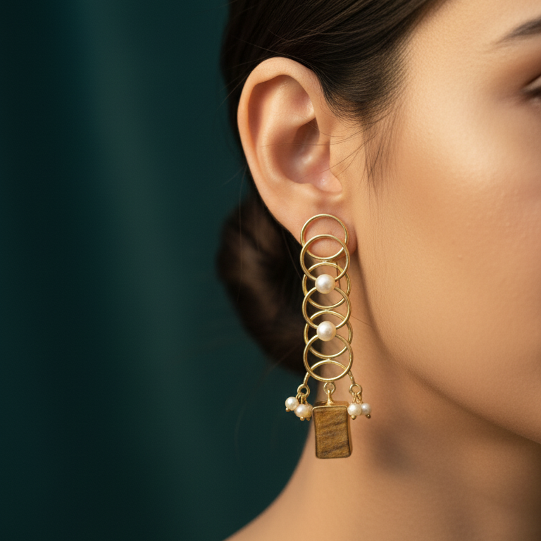 Model wearing golden earrings with pearl and stone dangles