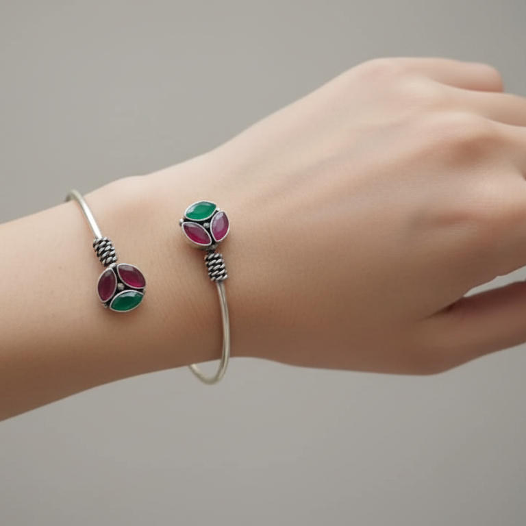 Oxidised Silver, multicolor free size adjustable stone bracelet for women