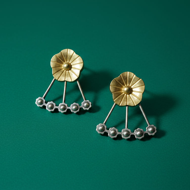 Floral design gold and silver polish earrings.