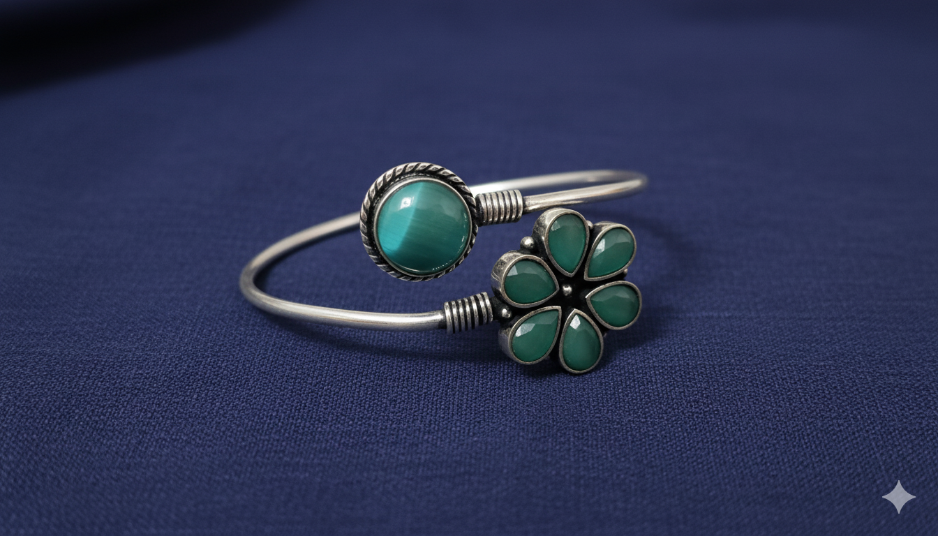 Oxidised Silver , free size adjustable stone bracelet for women