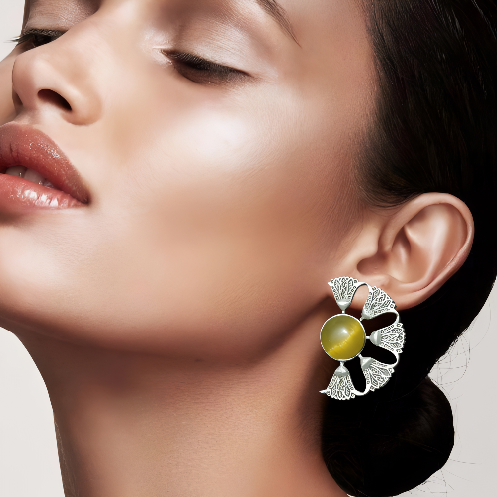 Beautiful Big Stud Half Moon Silver Oxidised Lotus Earrings