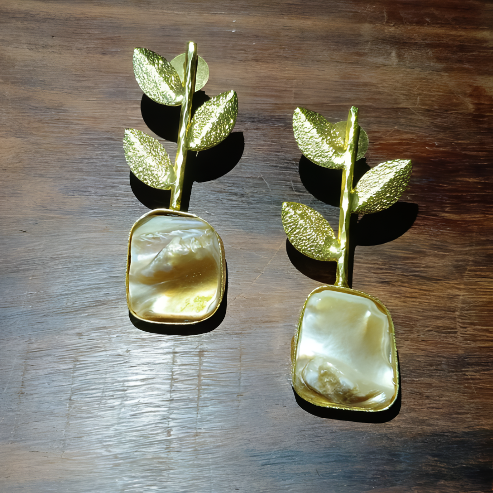 Partywear gold leaf stone earrings for women