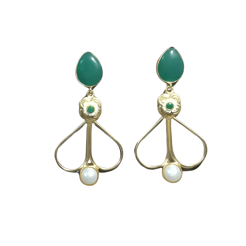 Pair of gold earrings with green teardrop and pearl elements on a white background