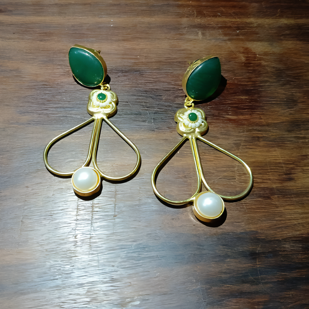 Pair of imitation gold drop & dangle earrings for women with green stone