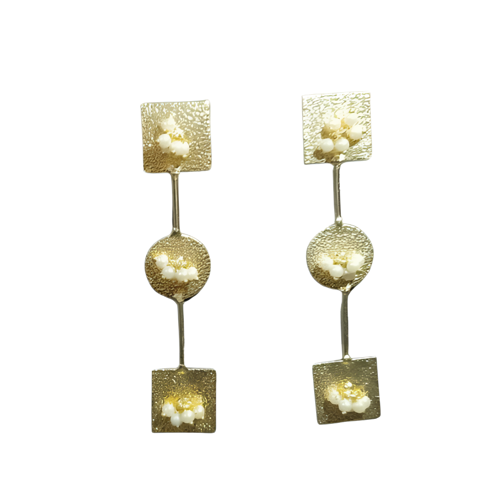 Pair of gold earrings for women with square tops and round middle sections