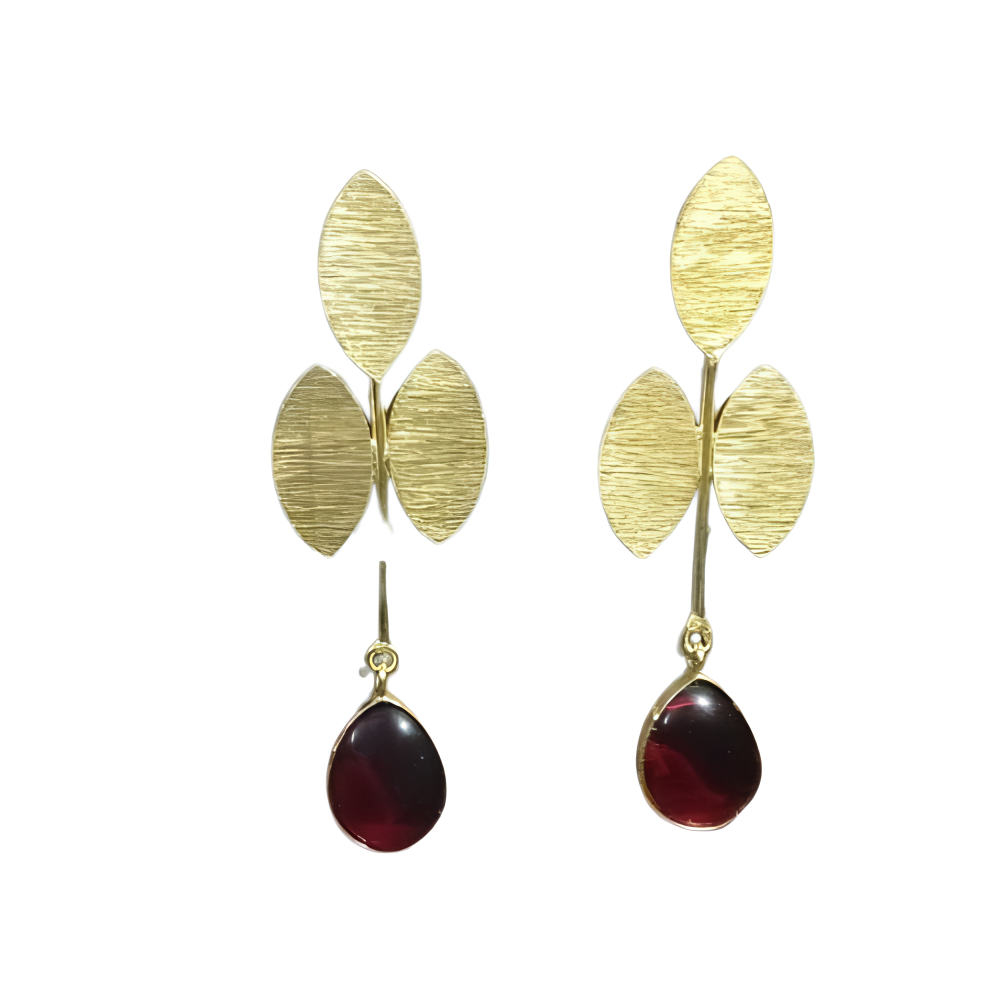 Stylish Gold leaf earrings with red gemstones