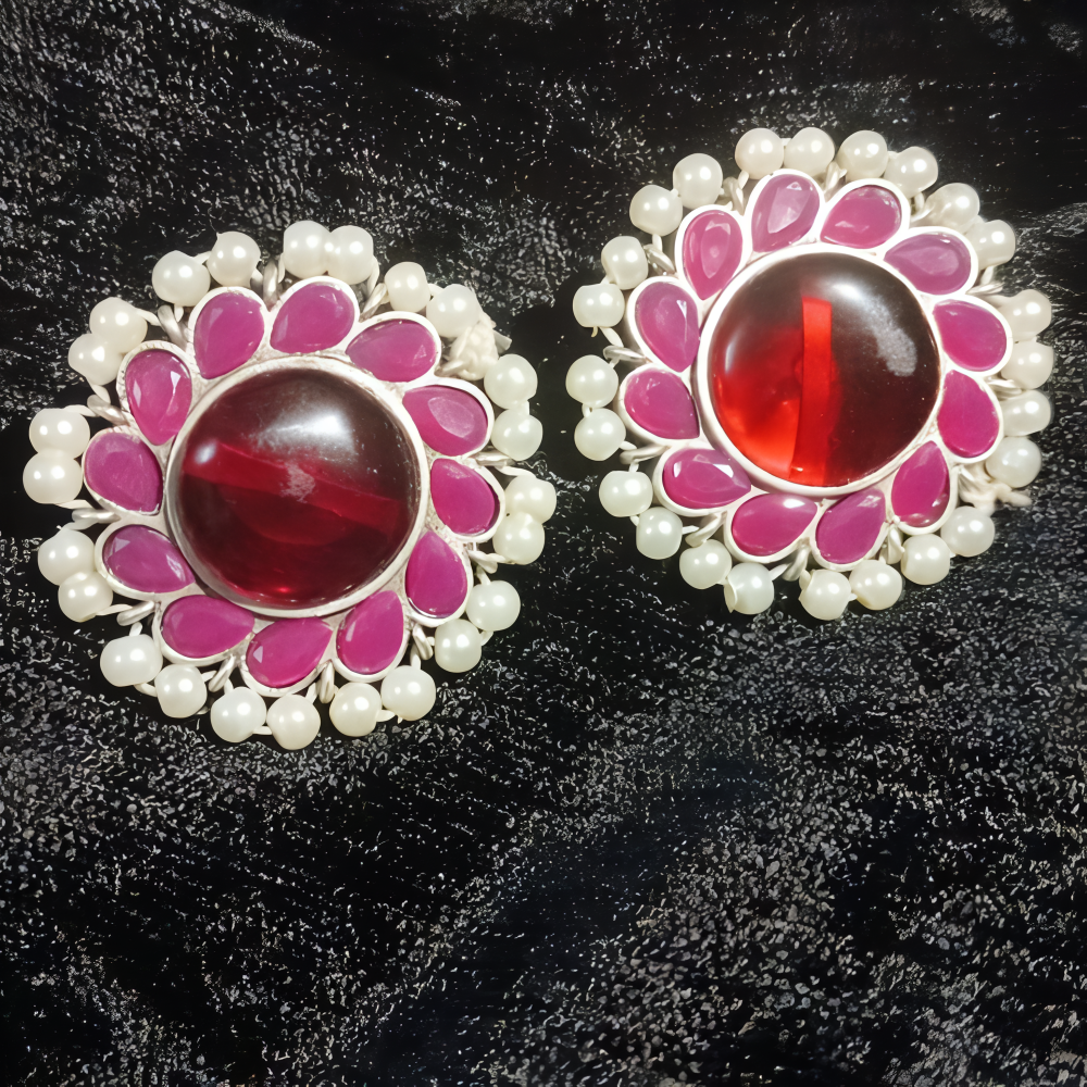 Red Stone Big Stud Earring With All Around Pearl Detailing