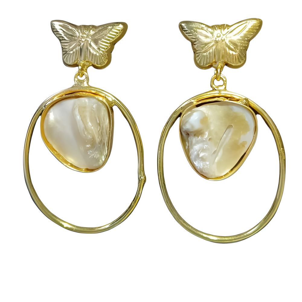 Gold butterfly earrings with uncut stone