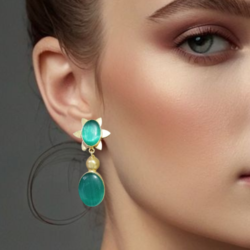 model wearing green moissanite stone drop & dangle earring