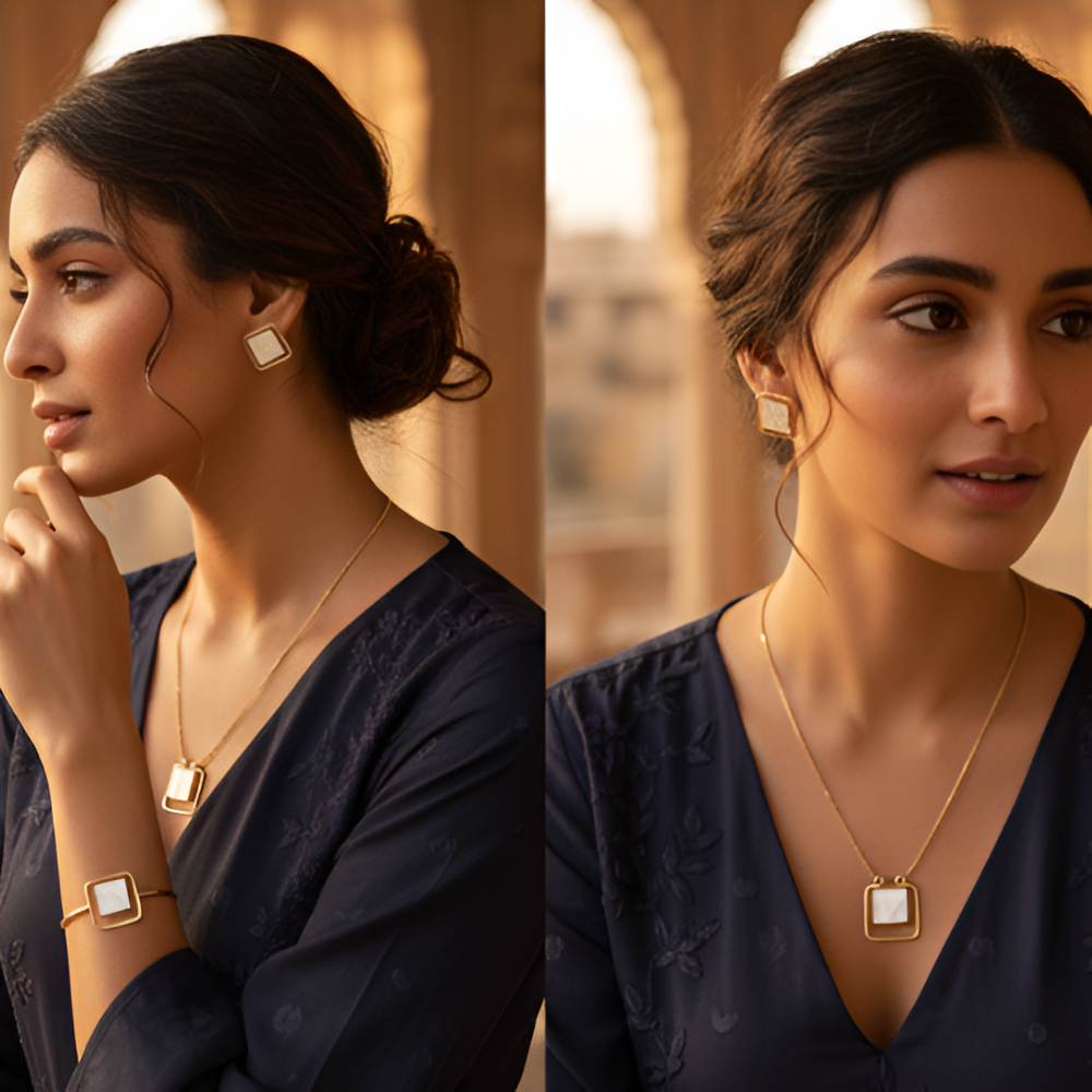 White Stone Chain Necklace With Stud Stone Earrings & Bracelet
