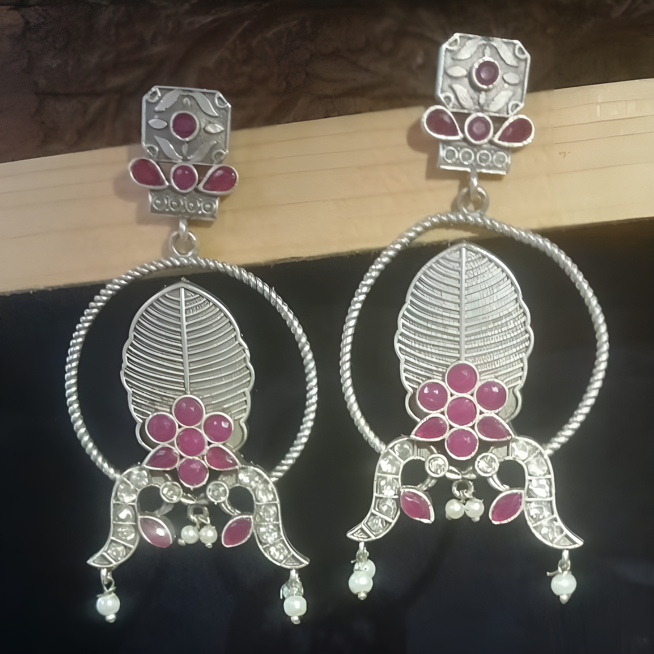 Partywear silver earrings with pink stones