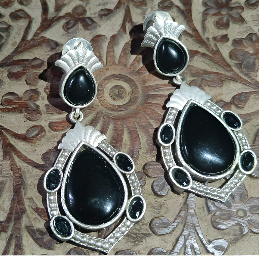 Traditional wear oxidised silver earrings with black mossainite stone