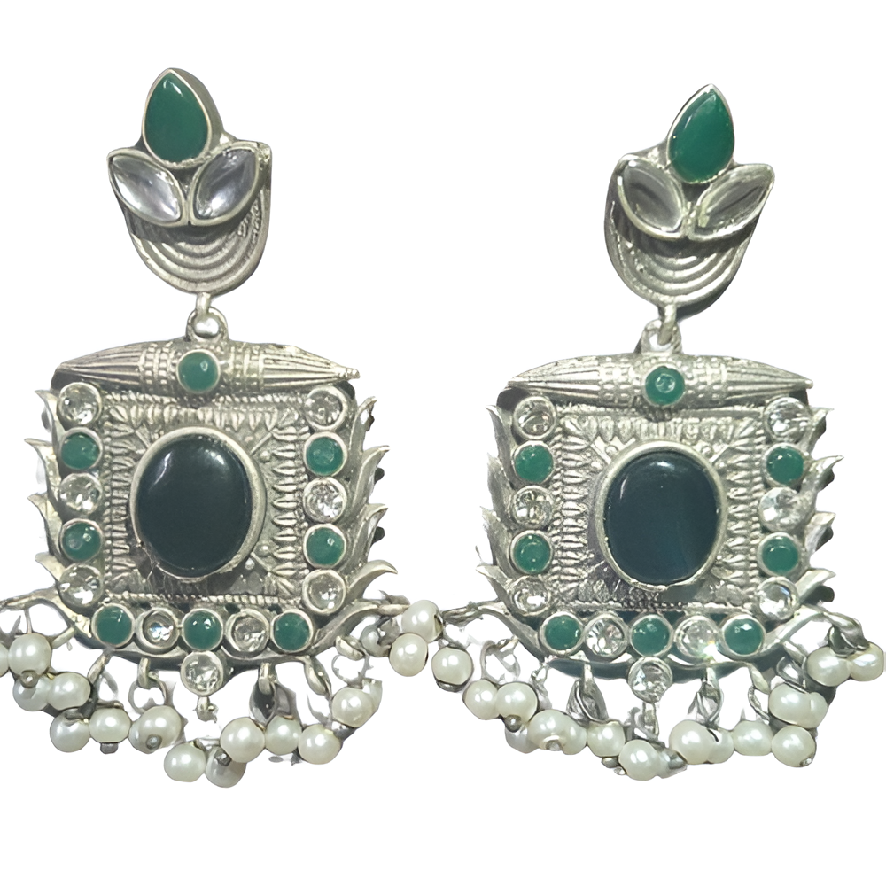 Traditional silver oxidised earrings with black ,green stones & pearl earrings