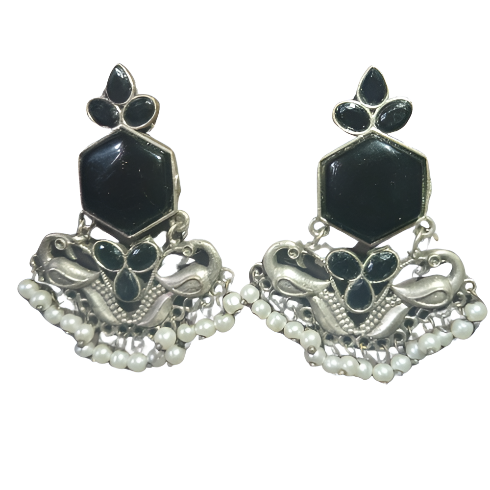 Ethnic Oxidised Silver Earrings with peacock designs ,black gemstones & pearls