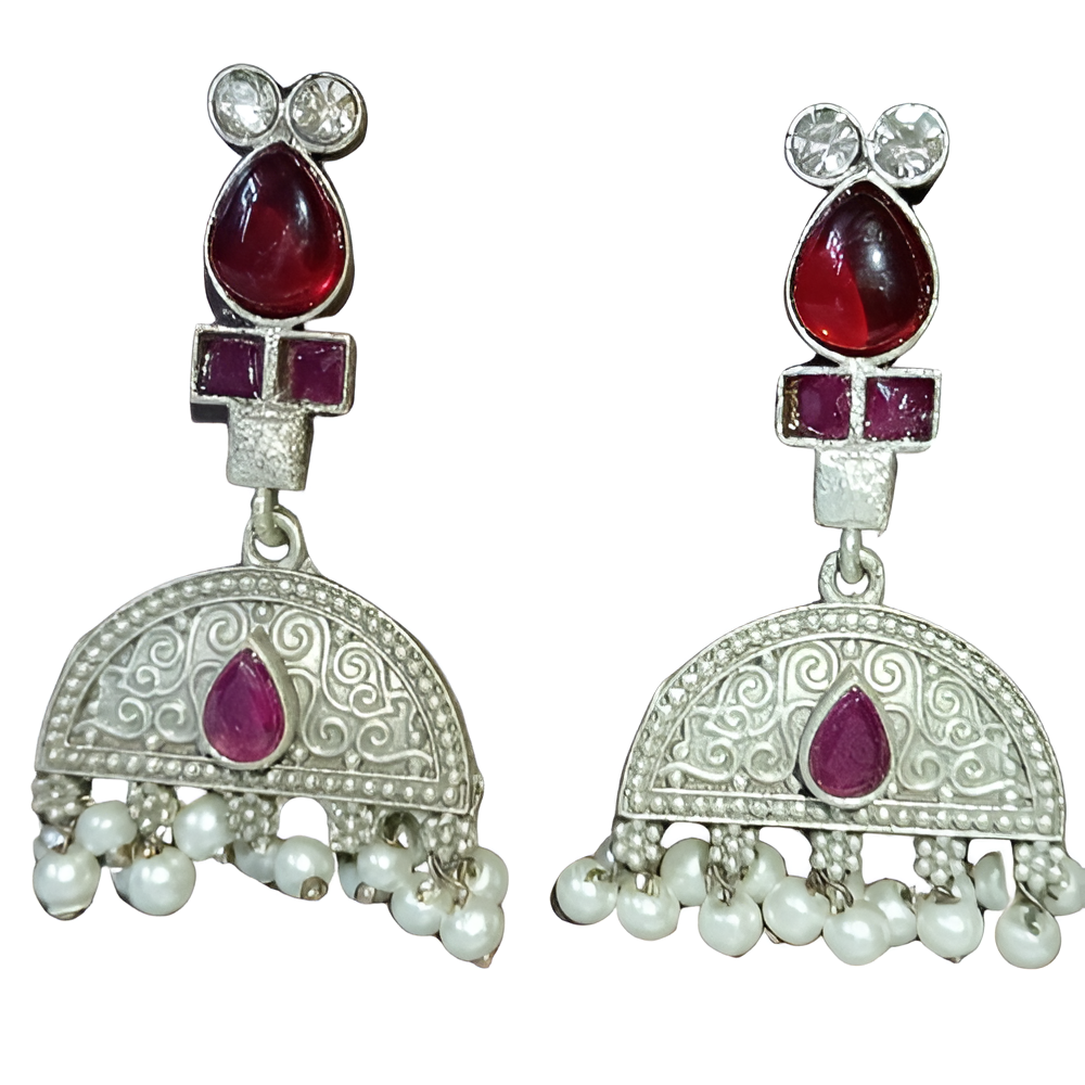 Silver oxidised dangle earrings with stones.