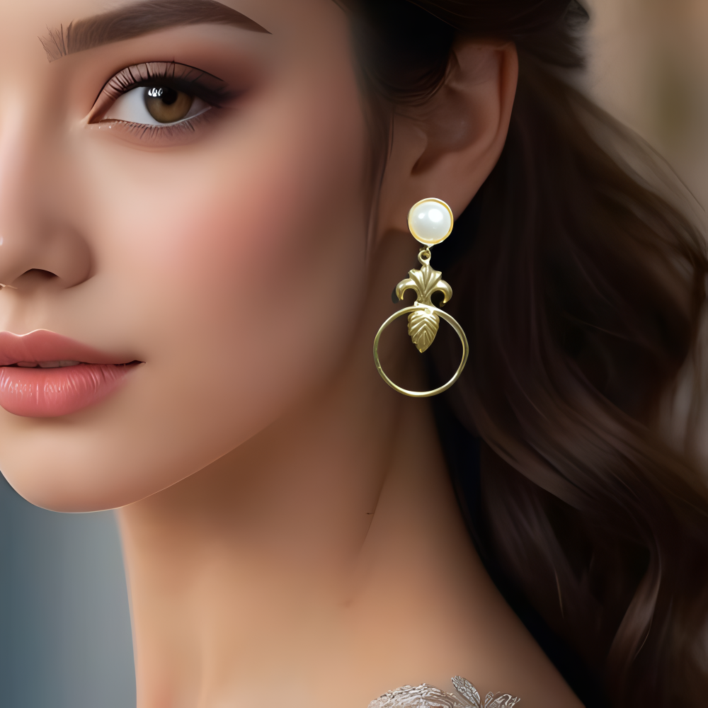 Close up of a model wearing golden dangle earrings with white stone