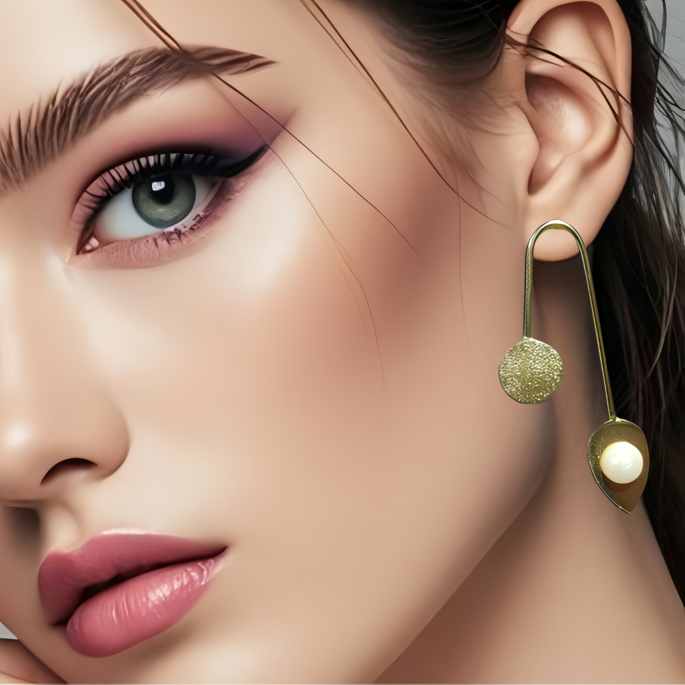 Close-up of a model's face wearing gold earrings