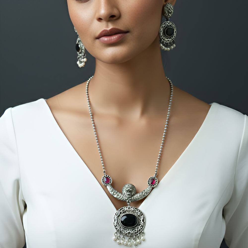 Vintage Matar Mala Oxidised Silver Long Chain Pendant Necklace with Earrings Set