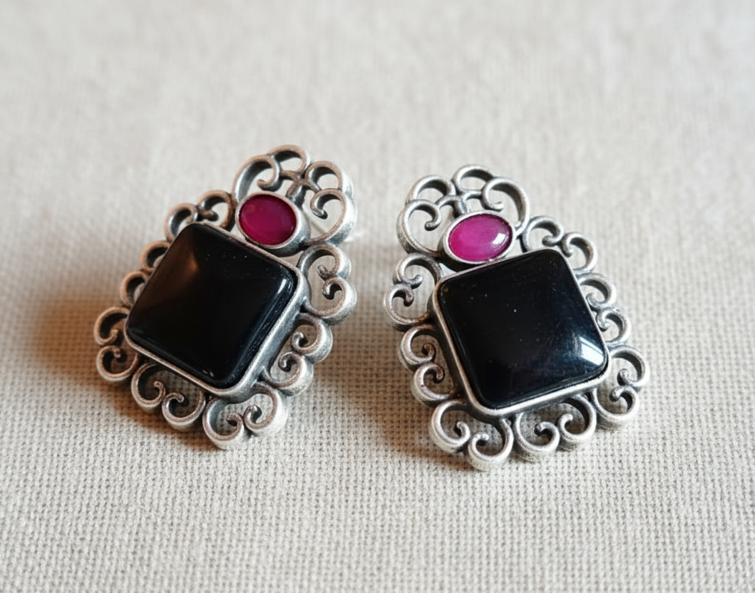 Big Black Contemporary Design Oxidised Stone Stud Earrings  .