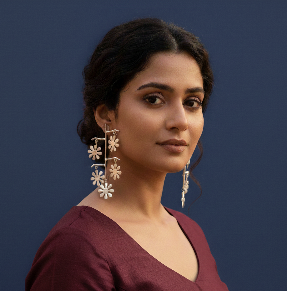 Floral dull silver dangle earrings for women