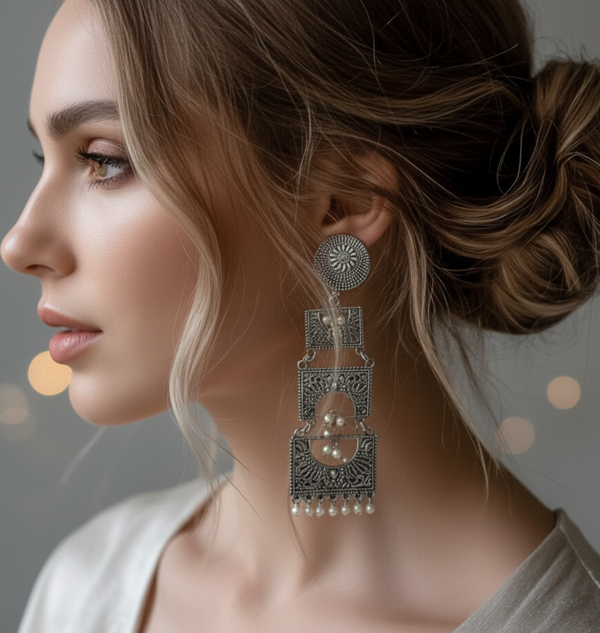 Oxidised Antique Elegant Long Traditional Chandbali Earrings