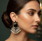 Profile close-up of a woman wearing Oxidised silver-tone ethnic earrings with detailed craftsmanship.