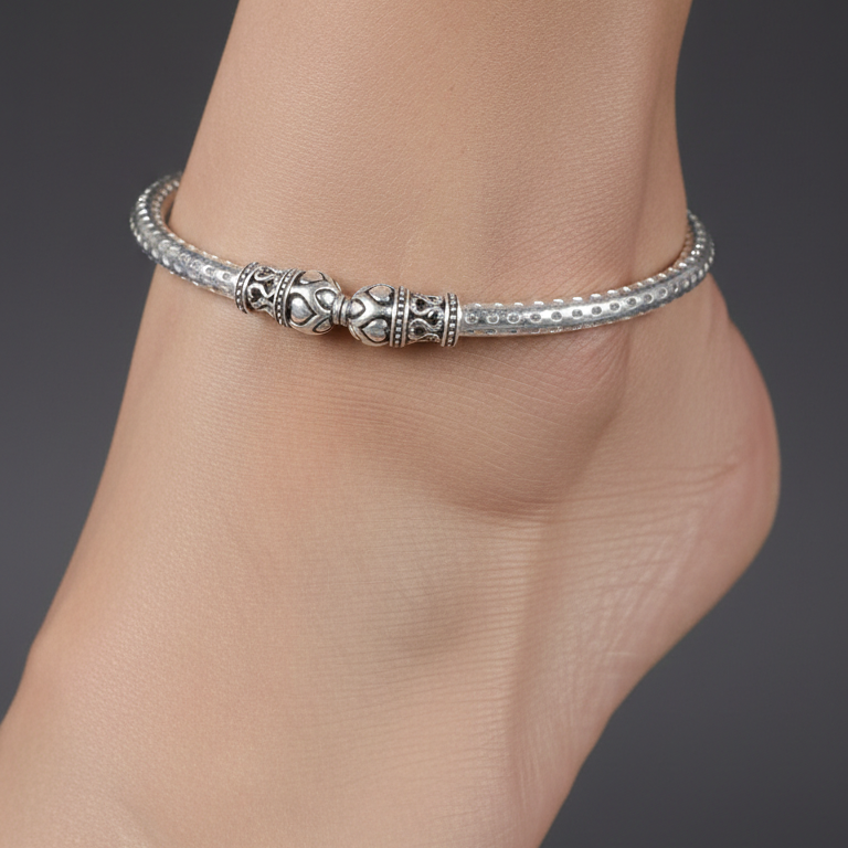Silver Leg Kada for Women | Bohemian Ankle Bracelet, AK00008