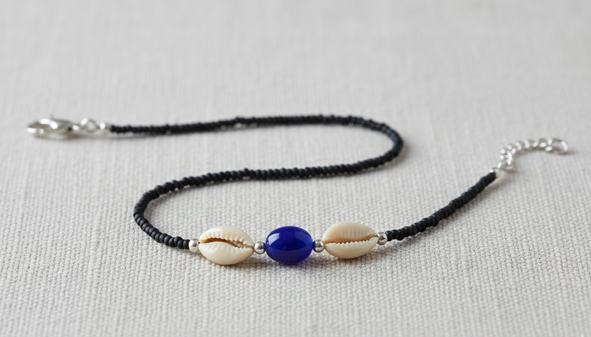 Ankle Bracelet with shell and blue bead on a light gray background