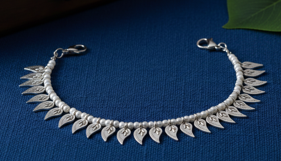 Silver ankle bracelet with leaf-like designs on a blue background