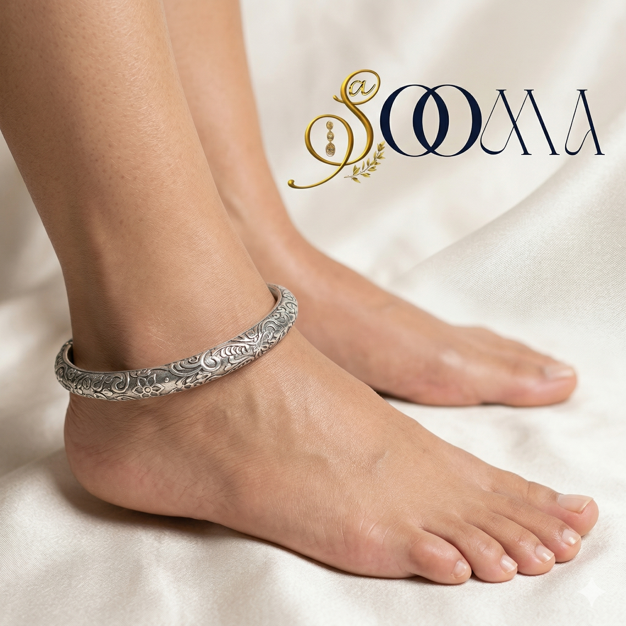 A Woman Wearing Nomadic Foot Anklet - Rajasthani Silver Kada