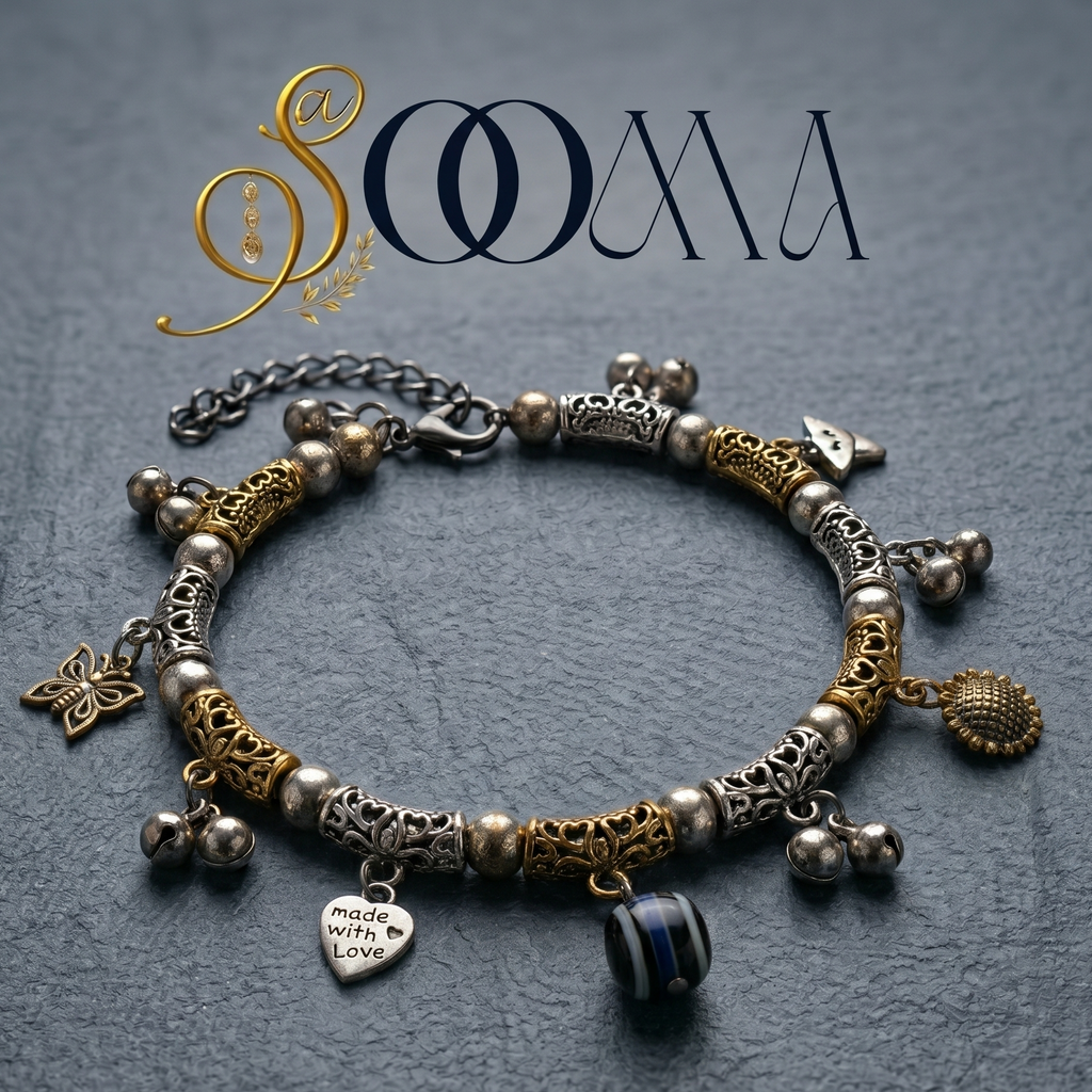 Bracelet with various charms on a textured gray background, featuring the brand 'Sooma'.