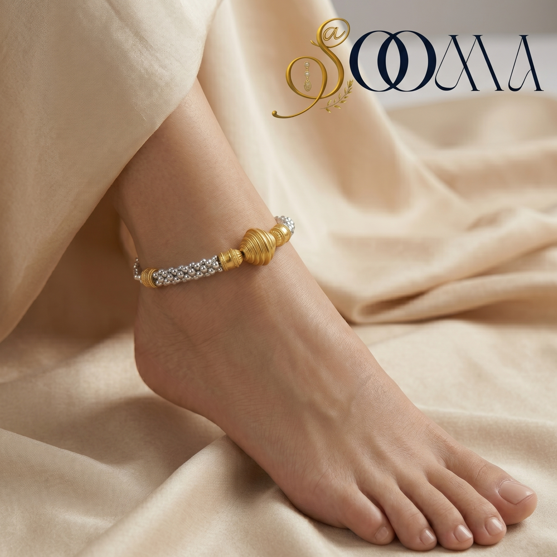 Gold anklet on a foot with a soft beige fabric background, featuring the brand 'Sooma'.