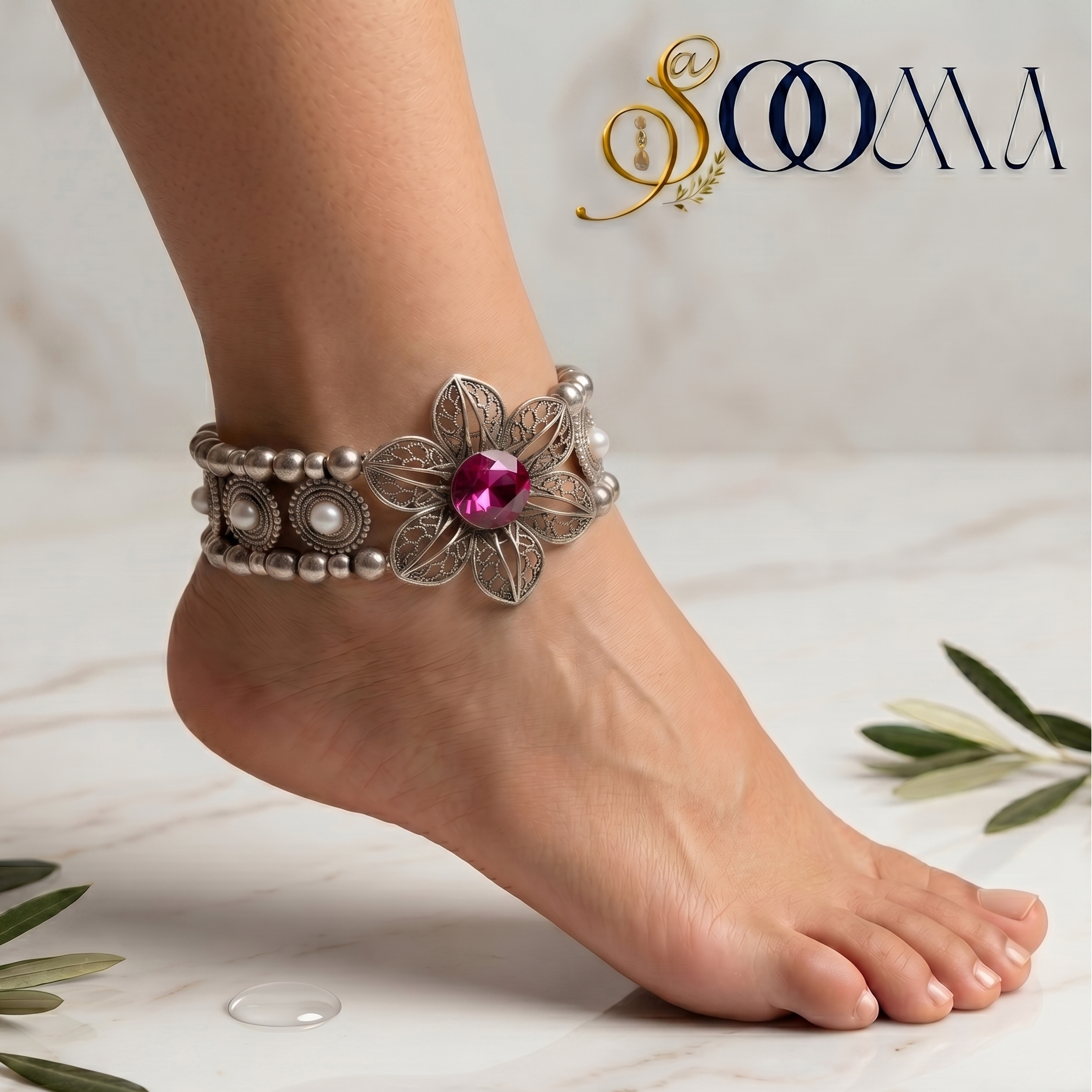 Elegant Silver Stone Kada Anklet - Perfect for the Modern Professional, AK00054