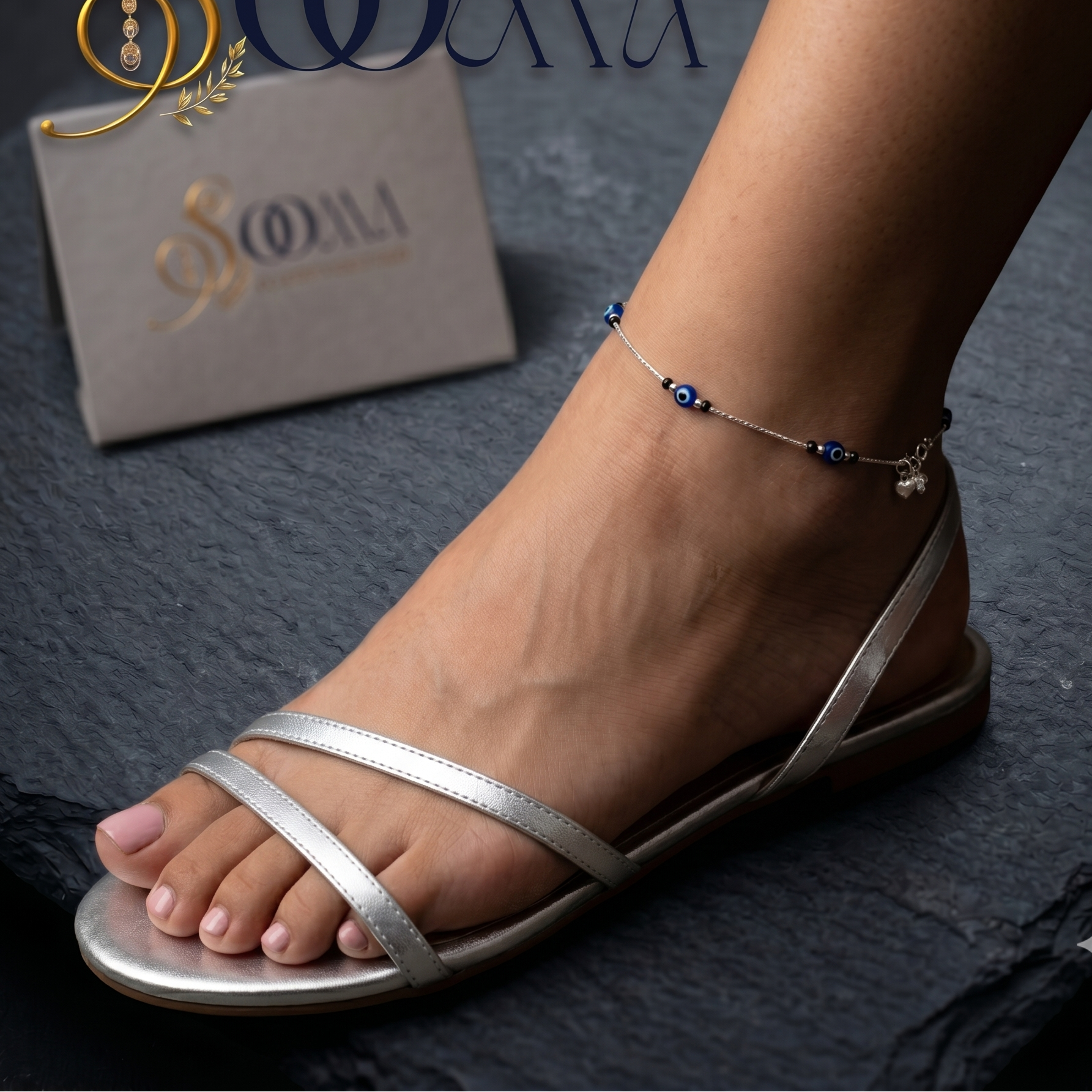 Minimalist silver evil eye anklet for women with blue and black beads