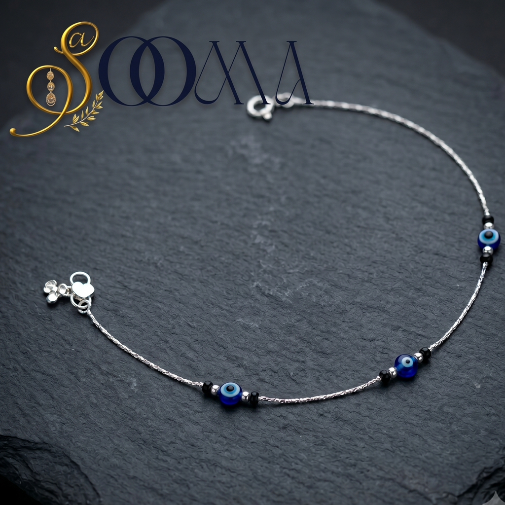 Delicate daily wear evil eye protection ankle jewelry close up
