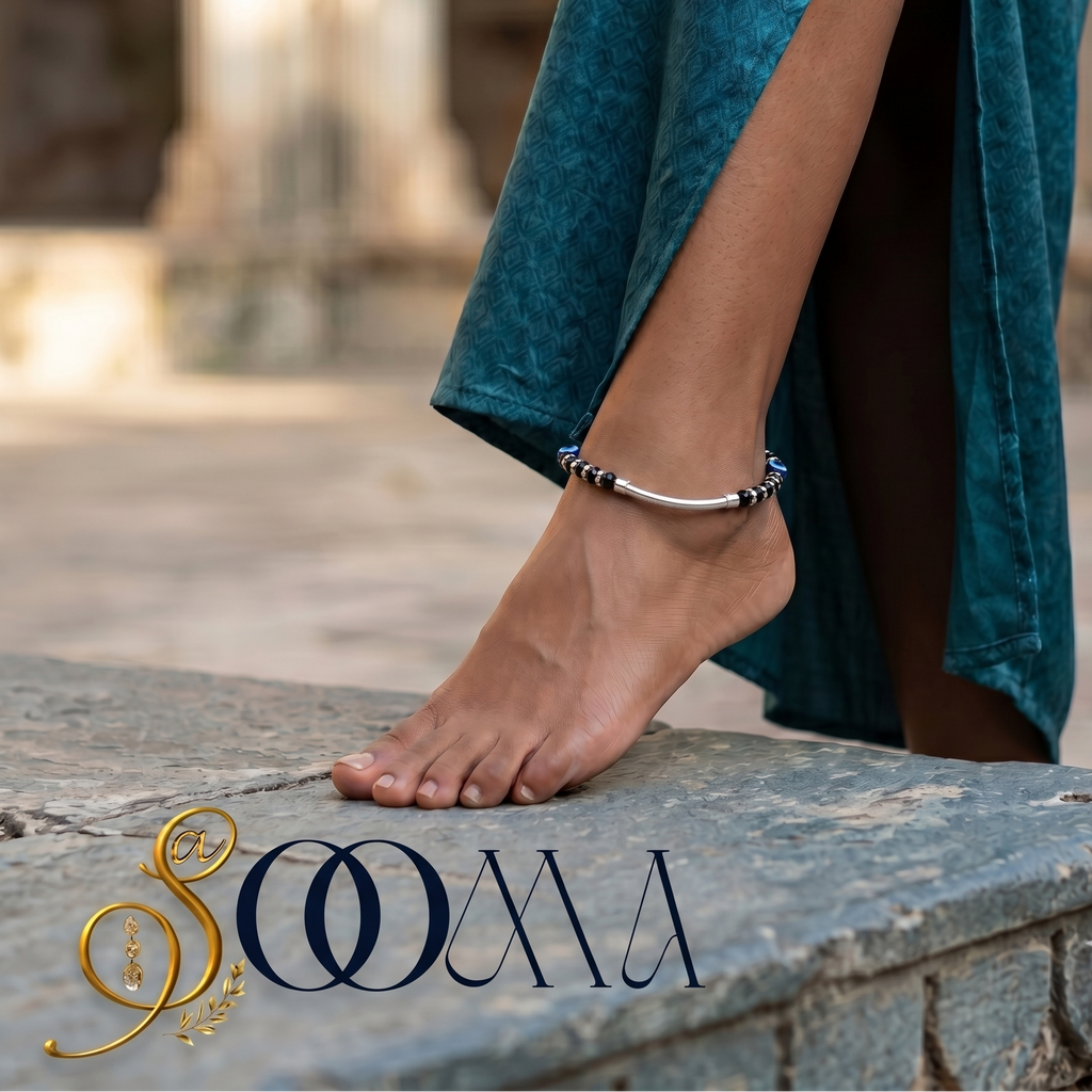 Minimalist silver evil eye anklet with polished black beads for women