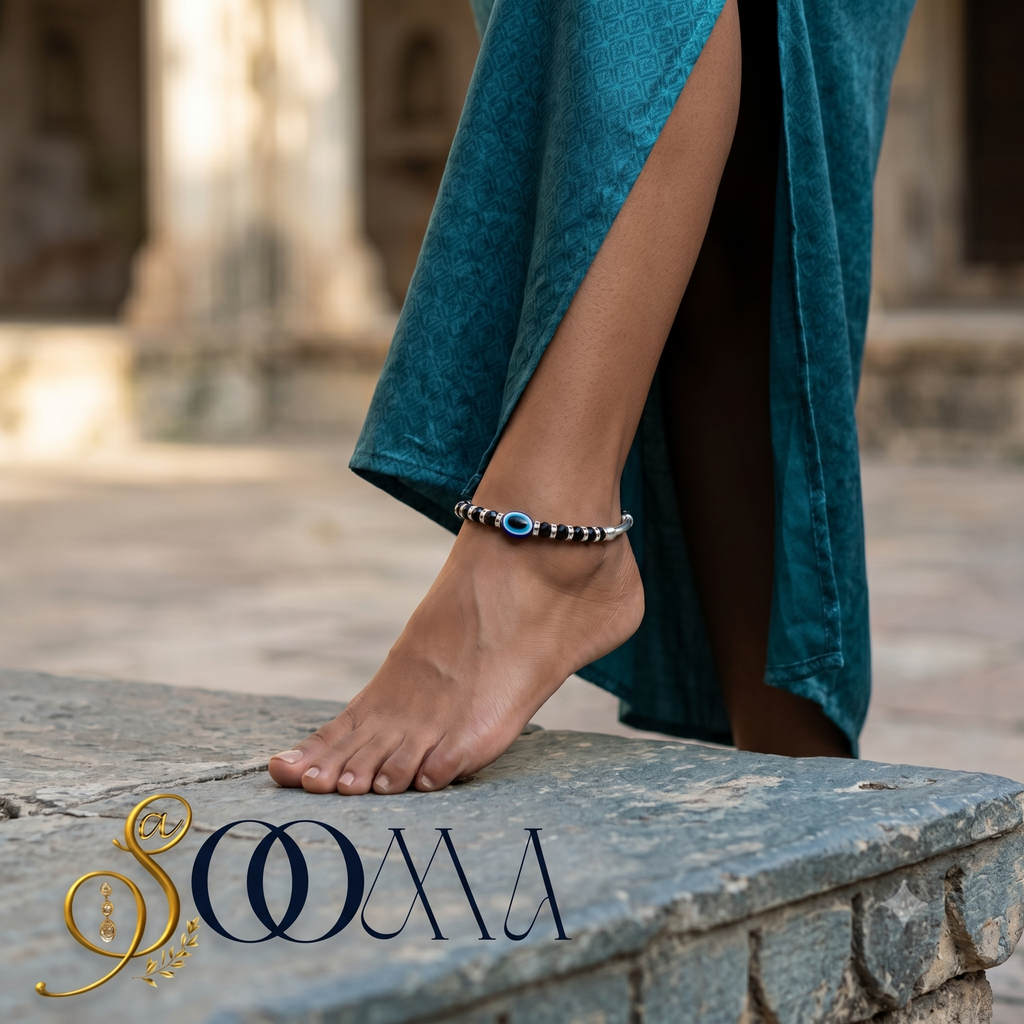 Adjustable daily wear black bead nazariya charm anklet