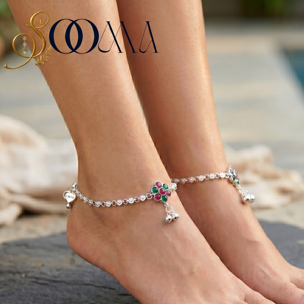 Floral Ankle bracelet on a foot with a blurred background