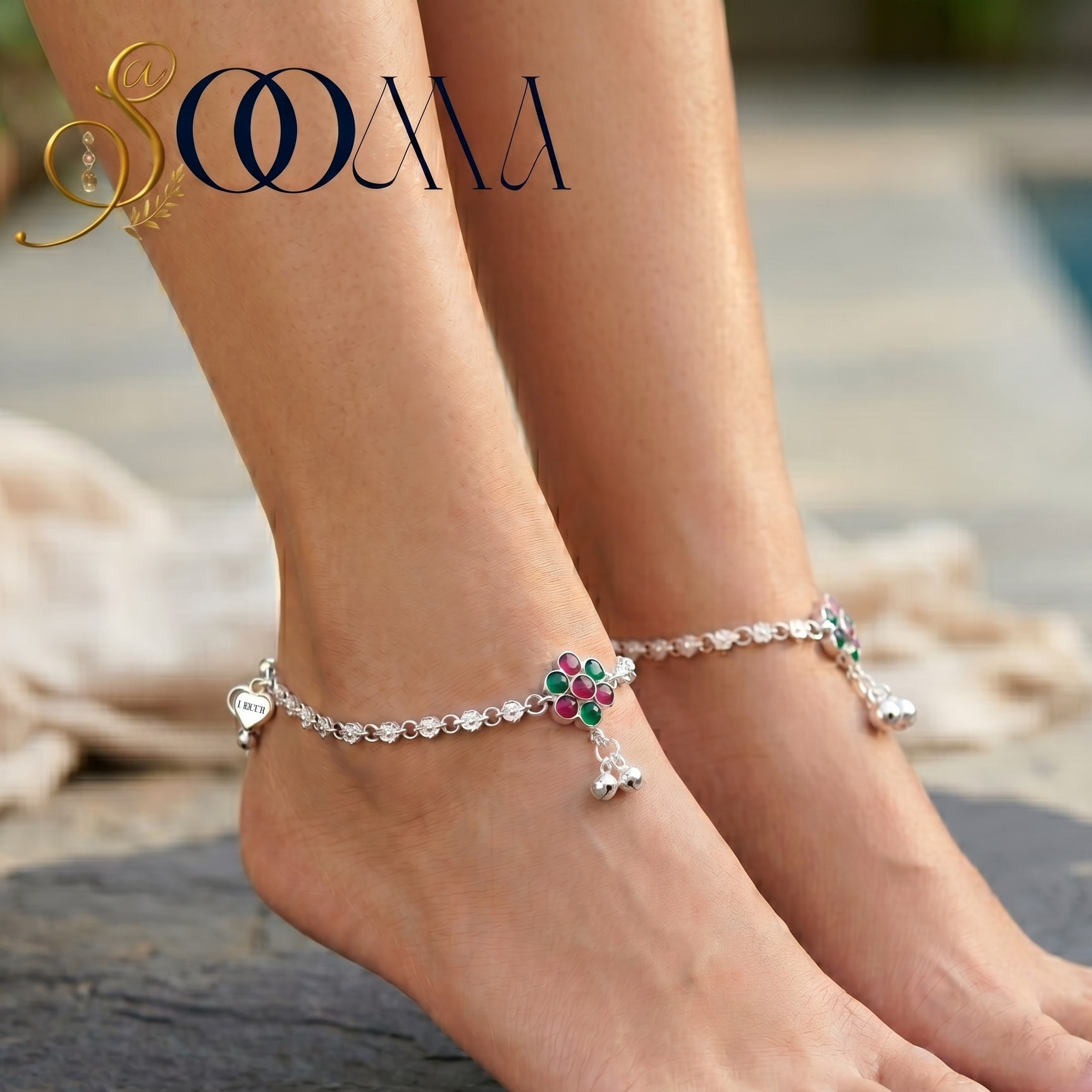 Floral Ankle bracelet on a foot with a blurred background