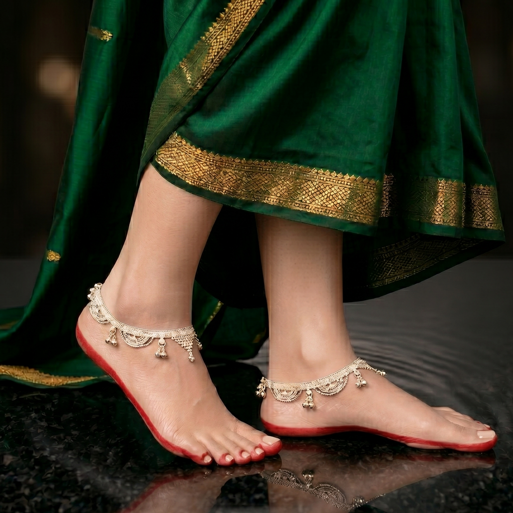 Traditional oxidized silver payal with detailed miniature jhumki charms