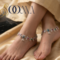 Matching pair of traditional oxidized silver peacock design anklets with stones