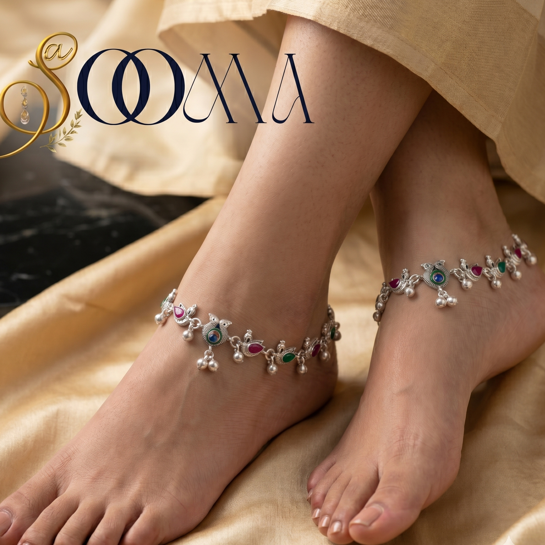 Matching pair of traditional oxidized silver peacock design anklets with stones