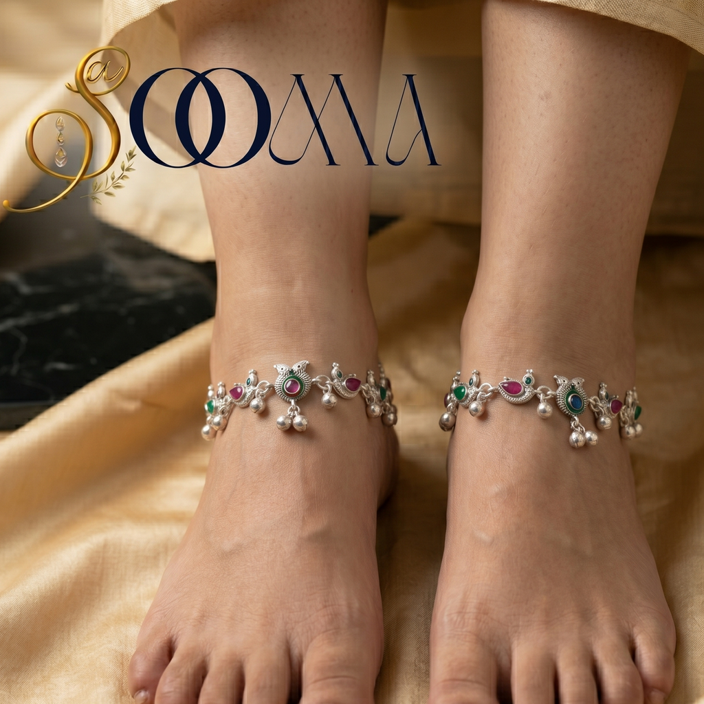 Intricate multicolor stone peacock payal with delicate ghungroos close up