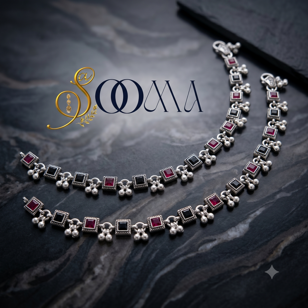 Square Stone Oxidized Silver Anklet | Black & Pink Payal, AK00067