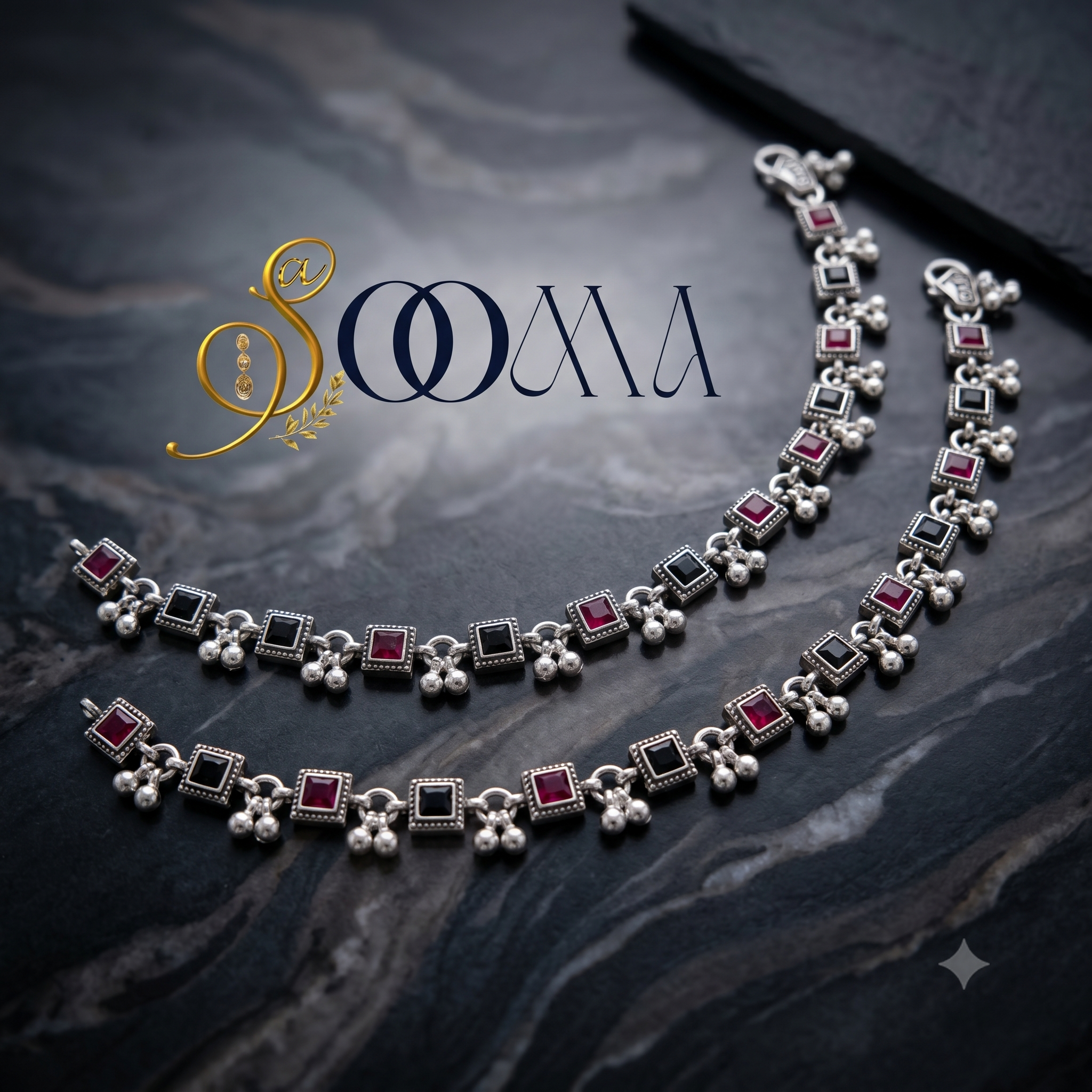 Square Stone Oxidized Silver Anklet | Black & Pink Payal, AK00067