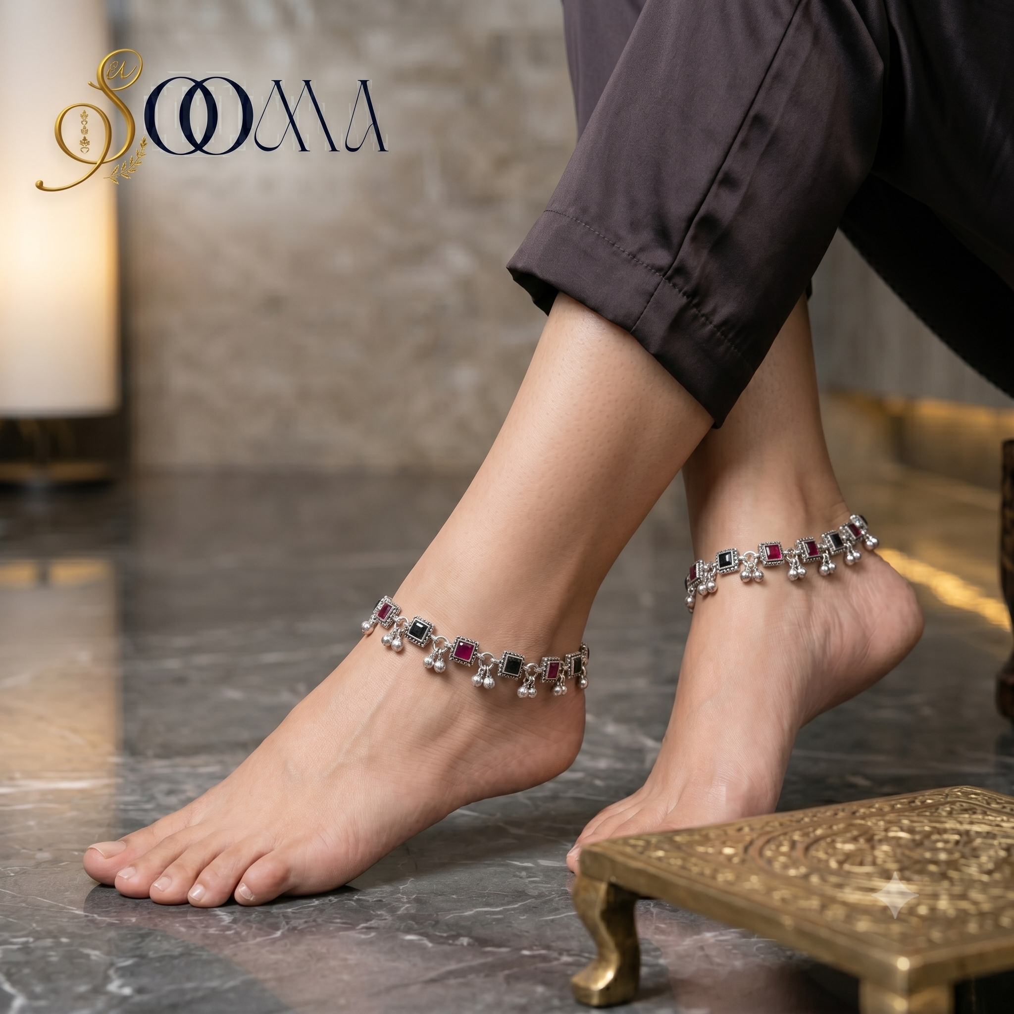 Square Stone Oxidized Silver Anklet | Black & Pink Payal, AK00067