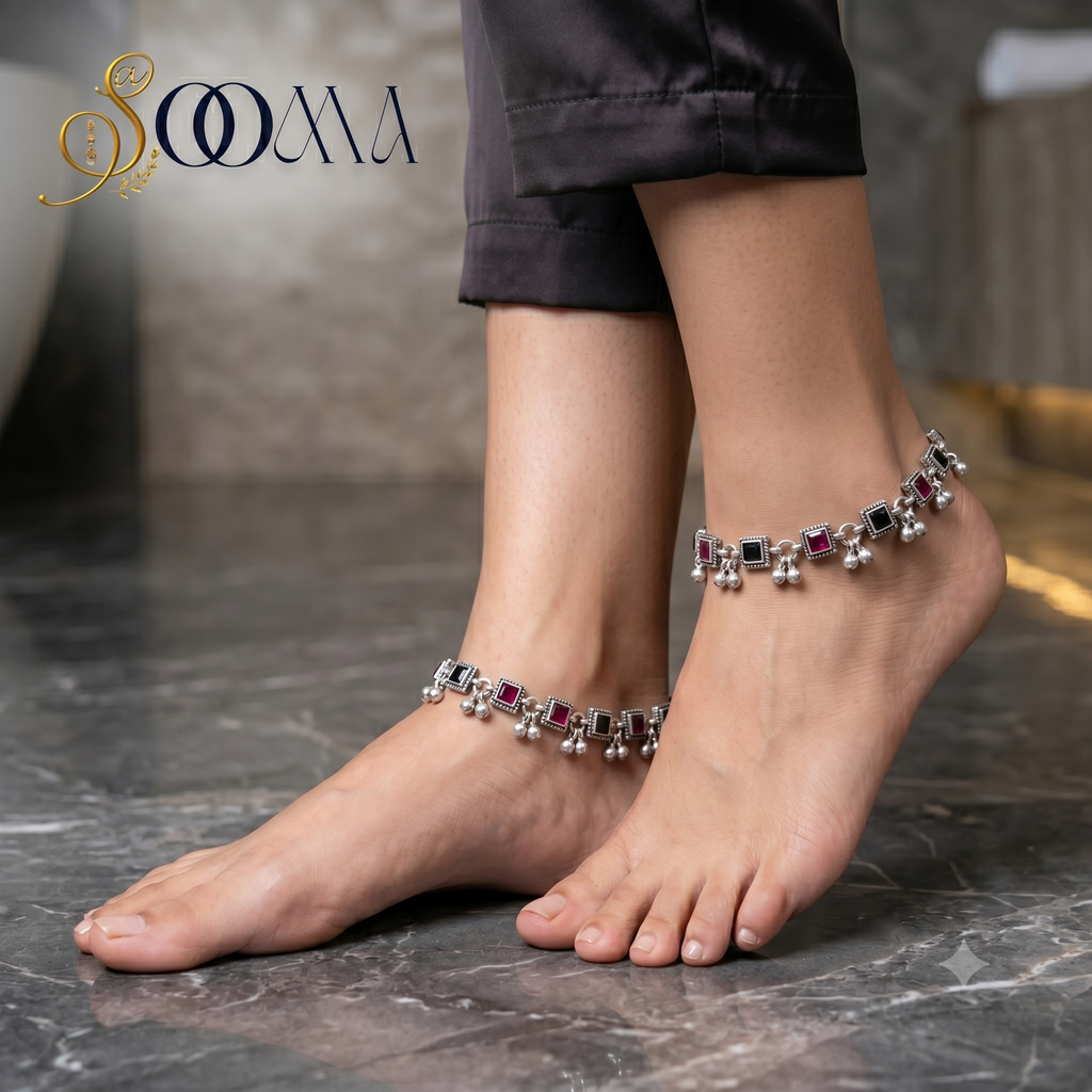 Square Stone Oxidized Silver Anklet | Black & Pink Payal, AK00067