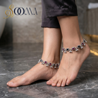 Square Stone Oxidized Silver Anklet | Black & Pink Payal, AK00067